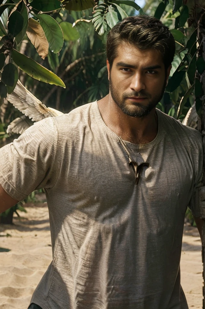 um close up de um(( homem)) com uma espada e asas, Anjo majestoso de corpo inteiro, arcanjo,(( Arcanjo Miguel)), ((guerreiro masculino)), anjo. High detail, macho com halo, Artgerm extremamente detalhado, anjo, (Realistic), (fotorrealista), ((master part)), ((melhor qualidade)), (circunstanciado), cinemactic, natural lighting, sombra suave, Antecedentes detalhados, fotografia, profundidade de campo, intrincado, Rosto detalhado, Subsurface scattering, olhos realistas, musculoso e lindo, manly, sexy e quente, sorriso malicioso, Foto de um bonito e gostoso nu, dynamic movement, dynamic pose, brilhante, tubo, cabo, barba,