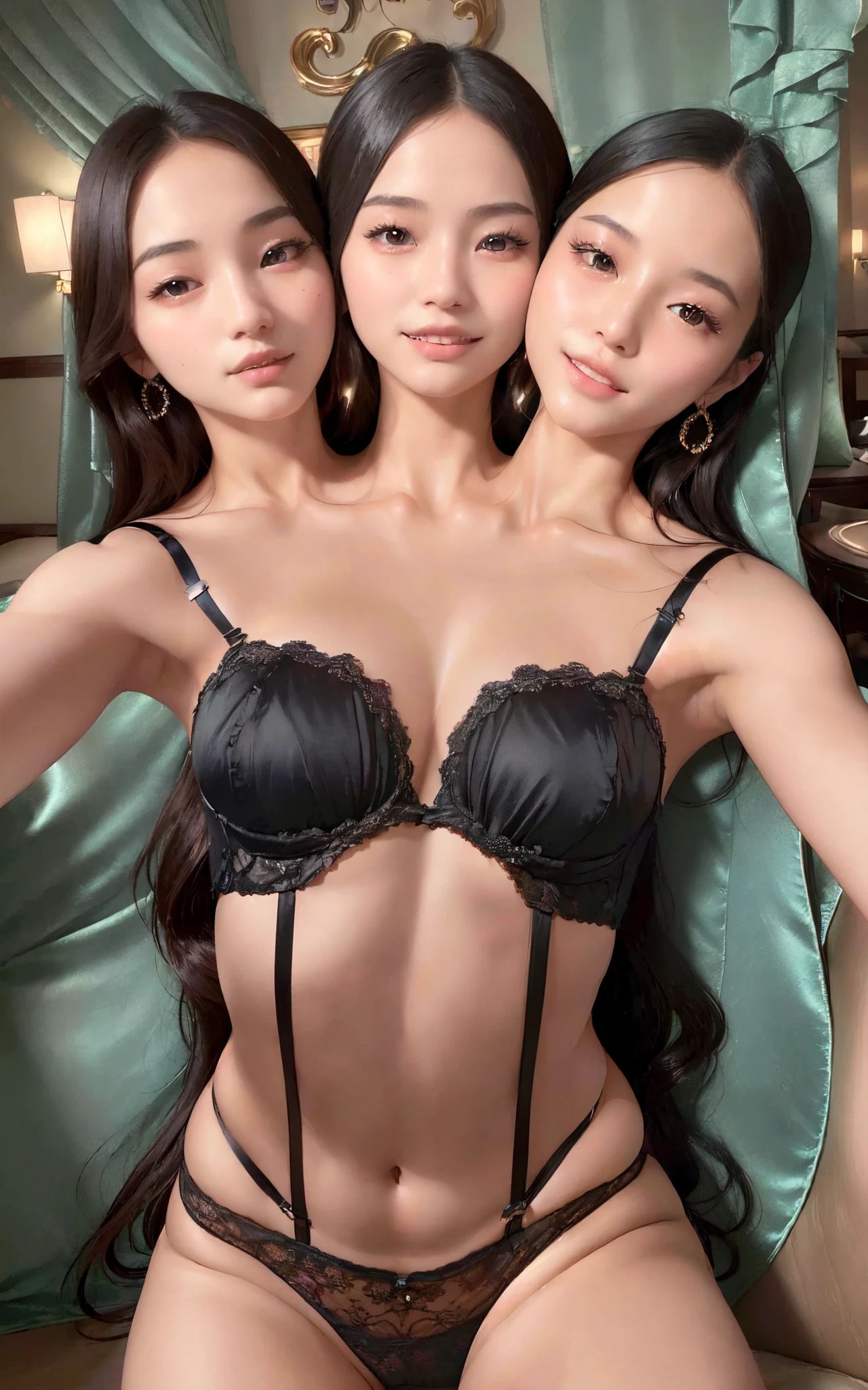 (masterpiece, best quality), best resolution, (3heads:1.5), (Three heads), 1girl, three women in lingersuits posing for a selfie in a hotel room, posing together in bra, sexy :8, lingerie, tiny black bra, black bra, wavy lingeries, sexy push up bras, in a black betch bra, thin black lingerie, lingerie!!, wenfei ye, lingeries beauty, tight push up bra, wearing sexy lingerie