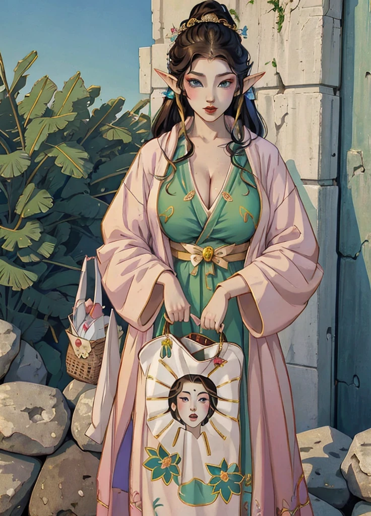 Anime elf, girl, perfect girlfriend , outside, sun, huge breasts, perfect face, makeup, holding bag, no face on bag, one face, 1 girl, nude, naked