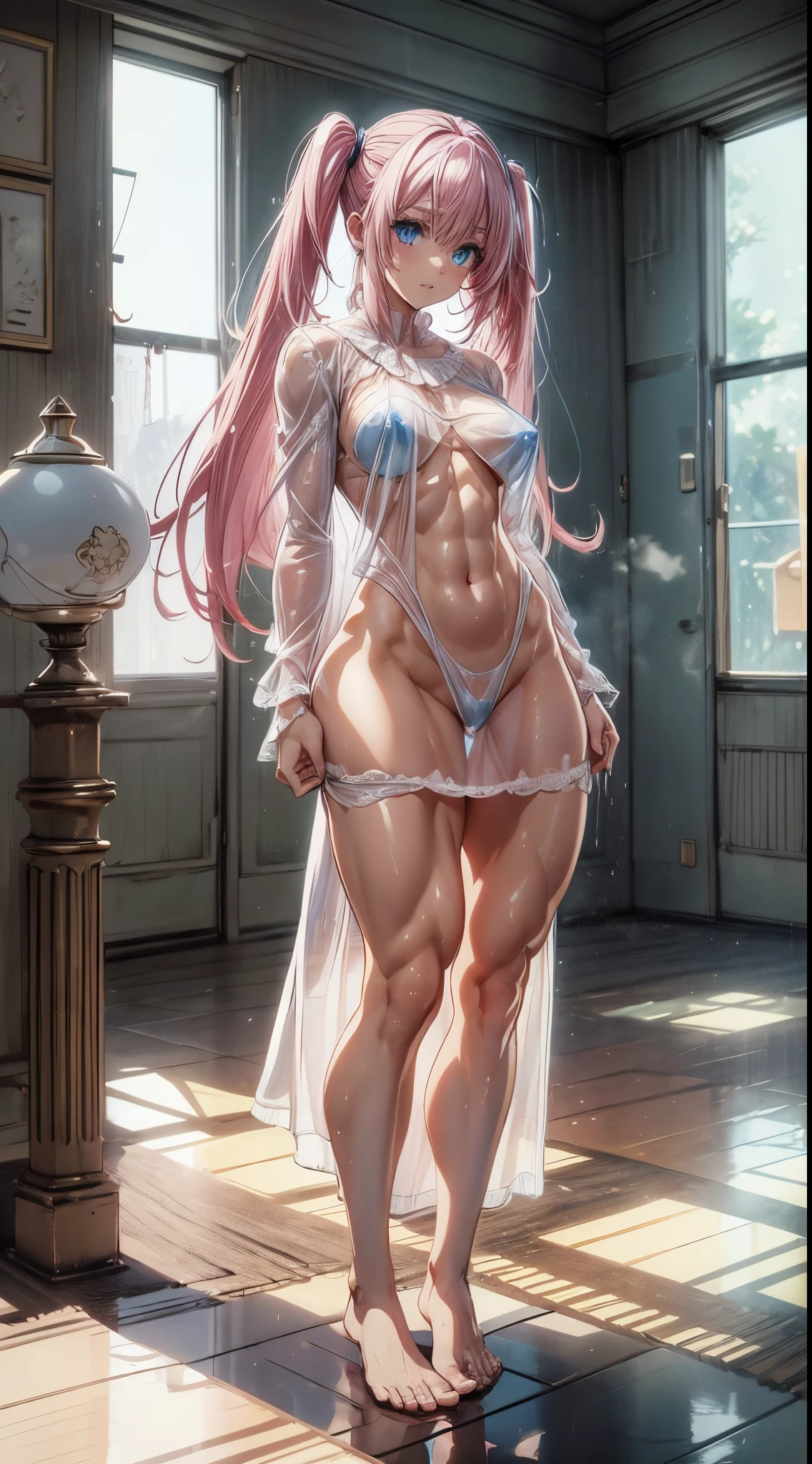 1 girl, (medium breasts))), (((wearing a white, wet, transparent nightgown))), naked, (long pink hair), (((blue eyes))), thin arms, (in the motel room ), (slim waist), (((muscular legs))), muscular belly, bare feet, (((showing her big ass to me))), (full body photo), (twintails), Long Eyes, reflection ocular, bad mood, anime, anime style, ray tracing, flare, drop shadow, panorama, Sony FE, 8k, UDisk, masterpiece, accurate, anatomically correct, Super Detail, best quality, ultra high resolution, Hard Udisk, 16k