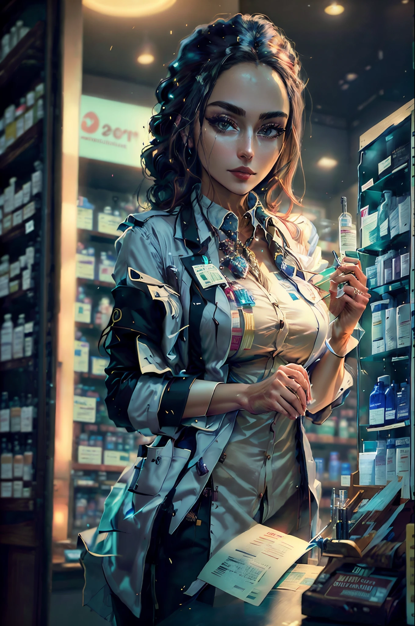 ((Masterpiece)), ((Best Quality)), A pharmacist at a well-organized pharmacy, ready to assist customers with their healthcare needs.