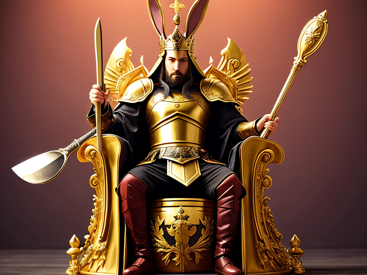 Evil king rabbit warrior wielding a giant spoon as a weapon on a golden throne