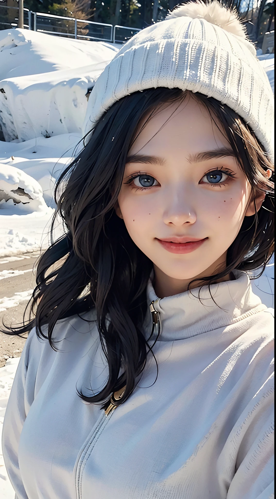 Beautie、8k、An ultra-high picture quality、japanes、1 woman around 20 years old、Black hair、short-cut、blue eyess、Beautiful face、A detailed face、Detailed eyes、Lifelike eyes、Detailed skin、realskin、Detailed hair strands、dishevled hair、Disheveled hair、Slim body、Beautiful body、Nice style、middlebreast、Soft looking、snowboard air、knit hat、Slopes、((Dimpled smile))、