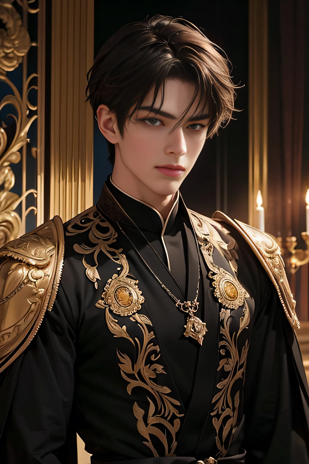 "Dark and epic atmosphere. mature male,with short brown hair, figure eight bangs,sharp golden eyes,He exudes the majesty of an emperor."Elegant details of the dress,Hisui,Topaz,