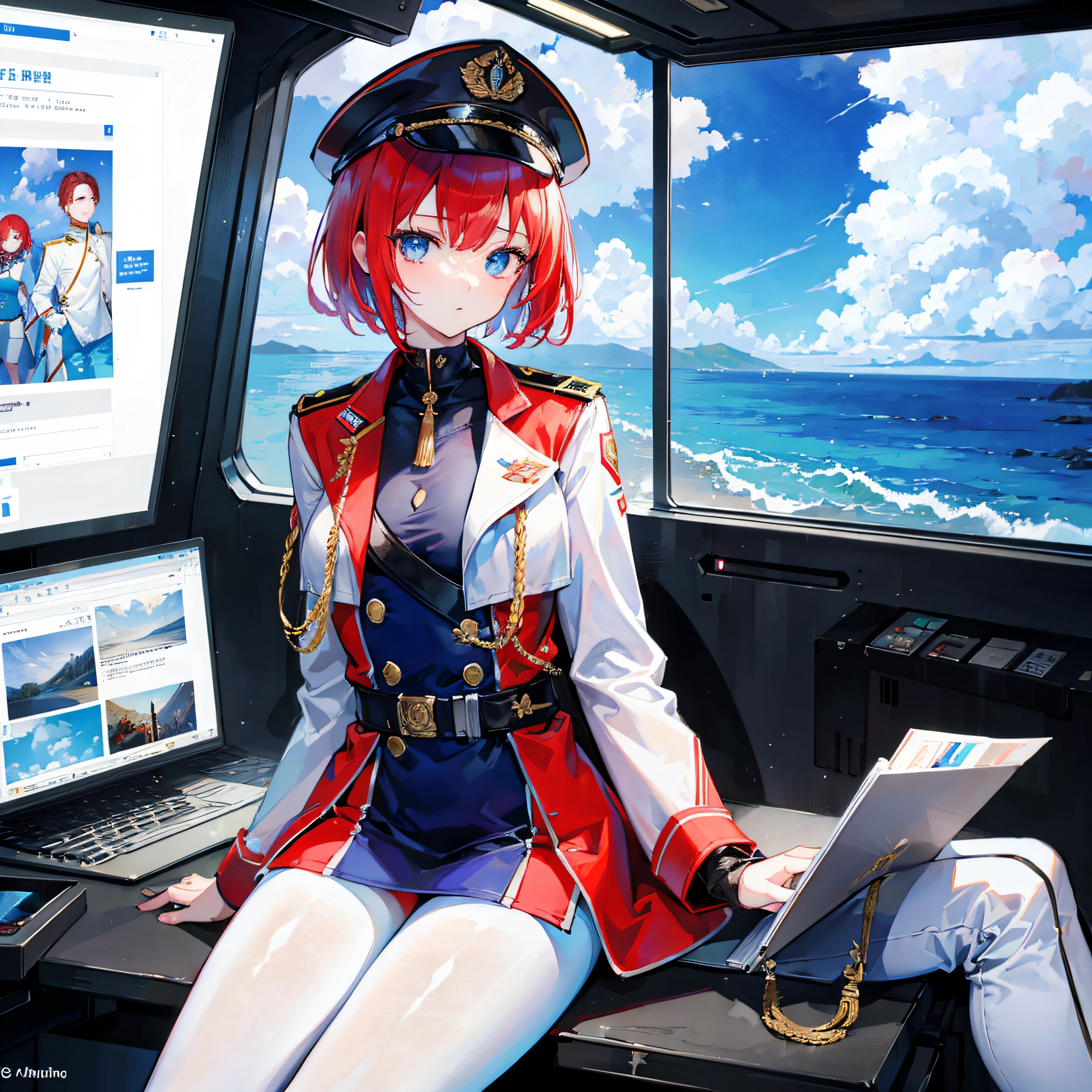 （（​masterpiece））、（（Top image quality））、（（Top image quality））、（Illustration of one girl）、full body Esbian、（（25-years old））、Red-haired shorthair、（thin hair hanging down both sides of the face,）、Blue eyes、（（neuter））、（（tall））、（（Muscular and strong body））、（（manspreading））、Opening legs、（（Military uniforms））、（（Military Cap））、（（Military coat））、（white  clothes）、（White pants）、（White cap）、trench coat、（（Inside the spaceship、Sitting in the captain's seat））、（Outside the window、kosmos、Earth seen from space、Spaceport）