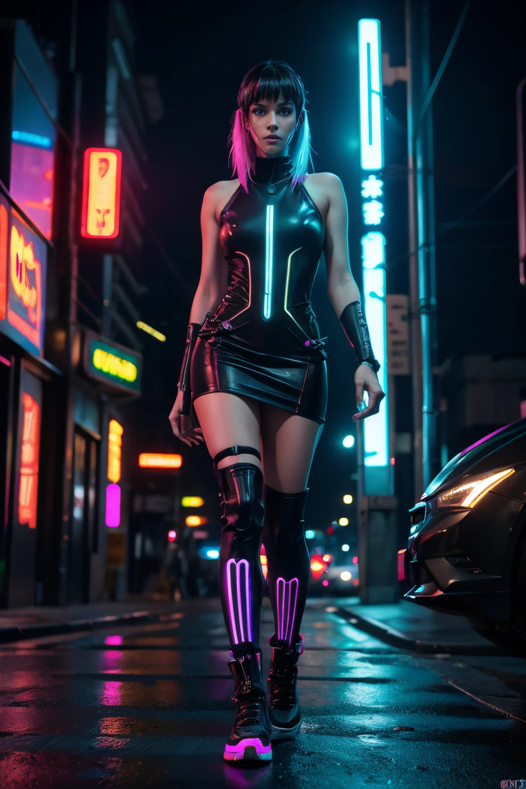 full body woman in cyberpunk cyti walking glowing neon stripes on the dress's boots, vibrant color, cyberpunk style, ultra realistic