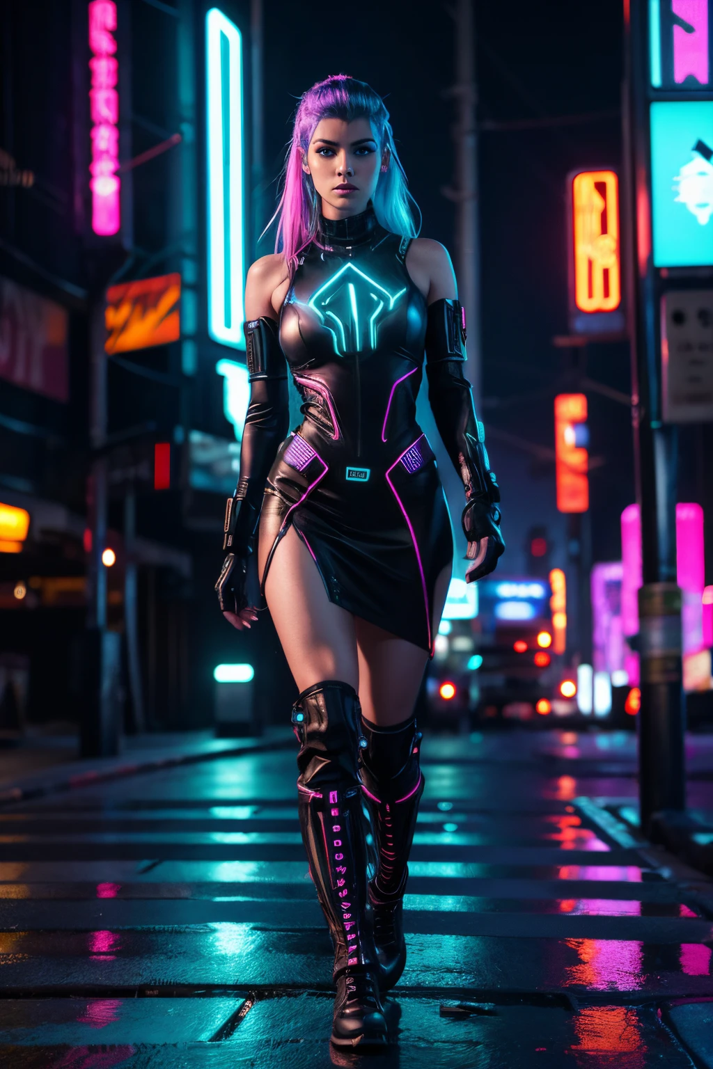 full body woman in cyberpunk cyti walking glowing neon stripes on the dress's boots, vibrant color, cyberpunk style, ultra realistic