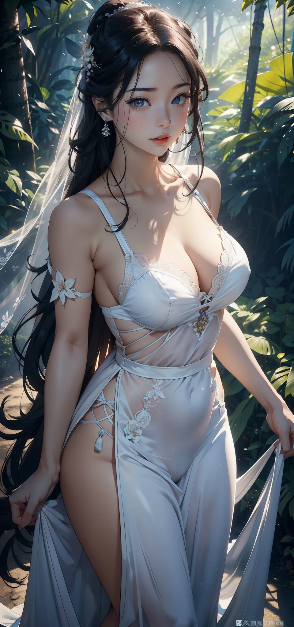 1female,45 yers old,Married woman,熟妇,Large breasts,long leges,big chest and thin waist, photo exposure, 独奏,(Background with:at a forest,the rainforest,in summer) She has long white hair,Redlip,Stand deep in the forest,seen from the front, hair straight,long, floated hair, The sky is mostly cloudy,(((tmasterpiece),(Very detailed CG unified 8k wallpaper),Best quality,电影灯光,detailed back ground,beautidful eyes,Bright pupils,(very delicate beautiful),(Beautiful and detailed eyes description),ultra - detailed,tmasterpiece,)),facing at the camera,A high resolution,ultra - detailed),Bare breasts,a little bit chubby,overmany, Camel toes,the bride(dressed in:on cheongsam,White transparent wedding dress,White lace panties,)
