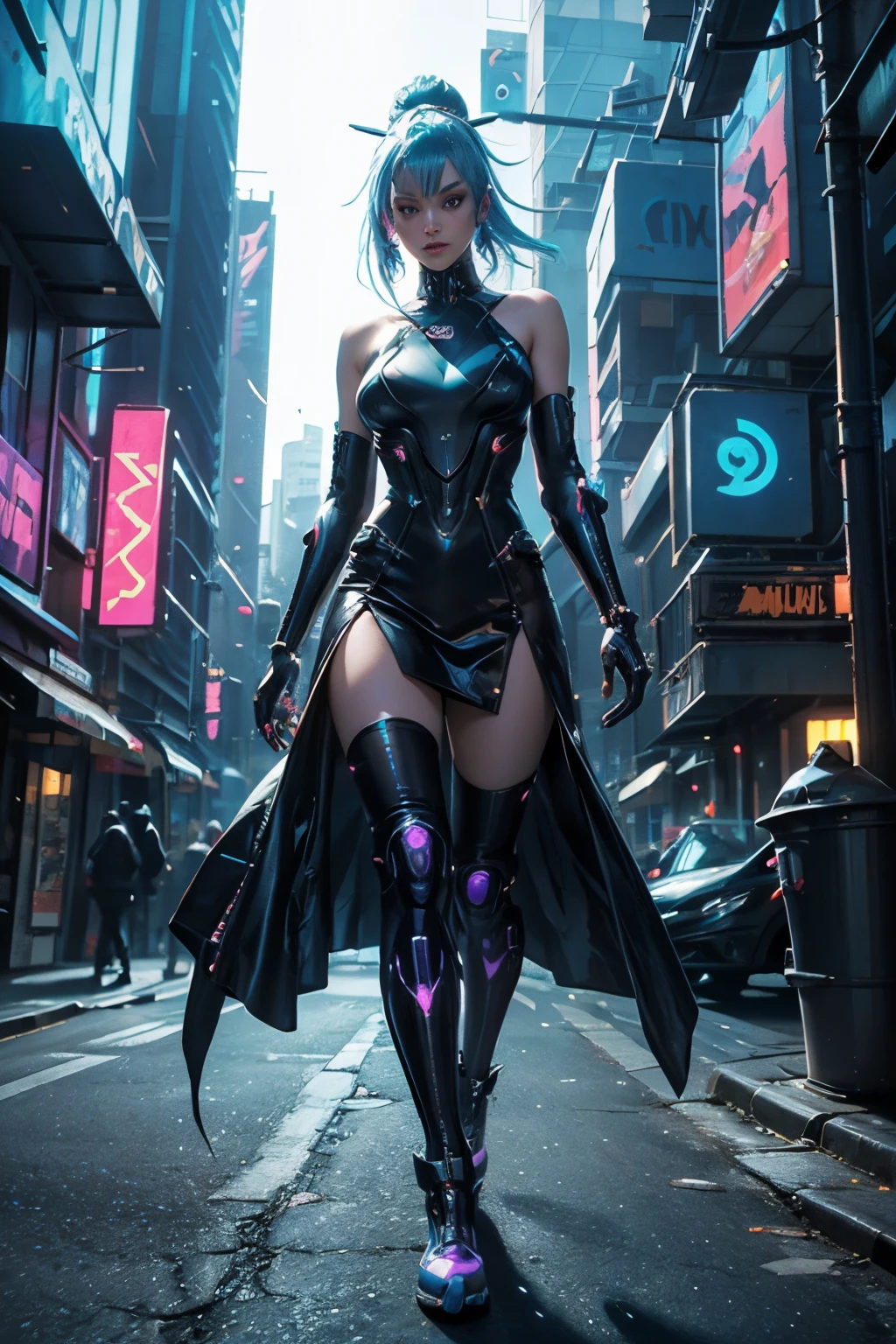 (best quality, masterpiece: 1.3), 1girl, rainy day, fog, alley, umbrella holding, large and transparent umbrella, looking at the viewer, blue hair, facing the photo, cyberpunk city, alone in the alley, neon in the alley, very reflective city, long hair, sized strands going over the alley, bars, Japan, Tokyo, garter belt on one leg, knee pad on the other leg, perfect hand, delicate, night