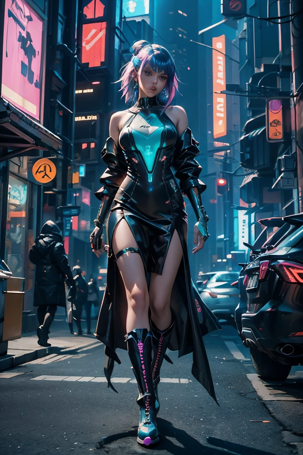 full body woman in cyberpunk cyti walking glowing neon stripes on the dress's boots, vibrant color, cyberpunk style, ultra realistic