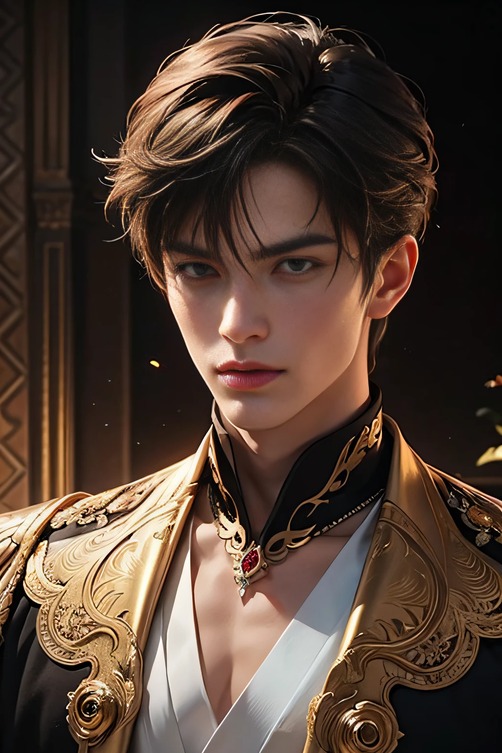 "Dark and epic atmosphere. mature male，with short brown hair, figure eight bangs，sharp golden eyes,He exudes the majesty of an emperor."Elegant details of the dress，Hisui，Topaz，Precious Jewelry !