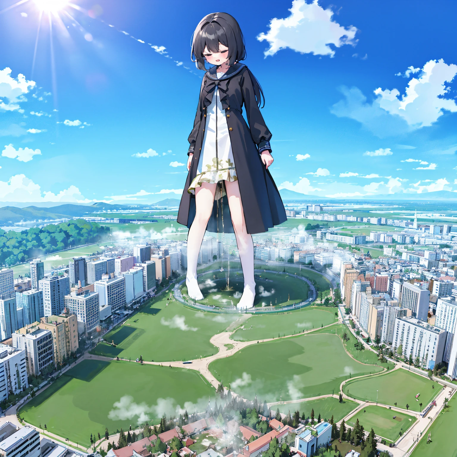 NSFW，A girl pees while standing on the city，​​{A giantess}，{1个Giant Breast Girl}，{are standing}，{urine discharge}​​，cloud， looking over city， mountain ranges， tmasterpiece, Best quality, The content is very detailed,tmasterpiece,Best quality,offcial art,extremely detaild的 CG unified 8k wallpapers，{{{A giantess}}}，Huge girl，1 girl，modern miniature city，pissing，Pee everywhere，No shoes，{blackstockings}，The stands up，face flushed，comfortable expressions，pissing，Urine draws an arc，urine，Nourishes urine，Urine eruption，Urine gives off steam，{Pee while standing on a modern miniature city}，The city is full of urine