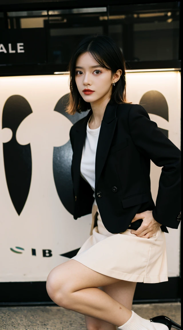 Best quality,tmasterpiece,超高分辨率,(realness:1.4),RAW photos,hyper HD，8K，There is one girl，Stylish clothes,Chanel style，Stylish skinny suit, wearing jacket and skirt,high-class fashion，ellegance, White and black clothes, short skirt and a long jacket, black pantyhoses，best selling, high-heels，Casual pose