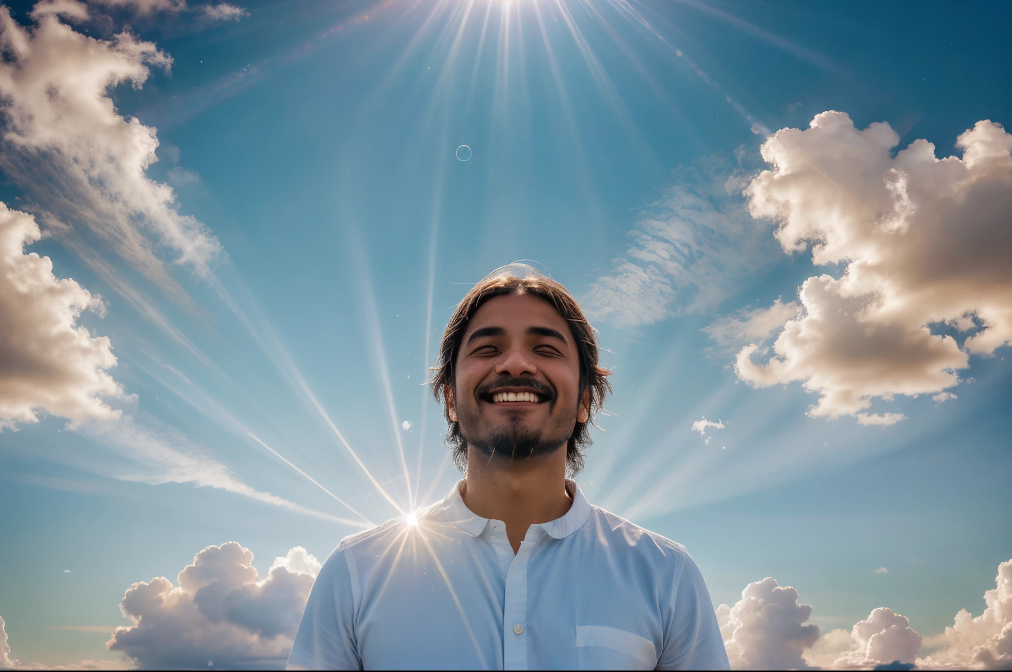 Uma cena celestial brilhante. Radiant sky with soft colors. Deus, nosso amigo especial. Deus com roupas leves e brilhantes. God facing the sky. God smiles as he begins to create the world.