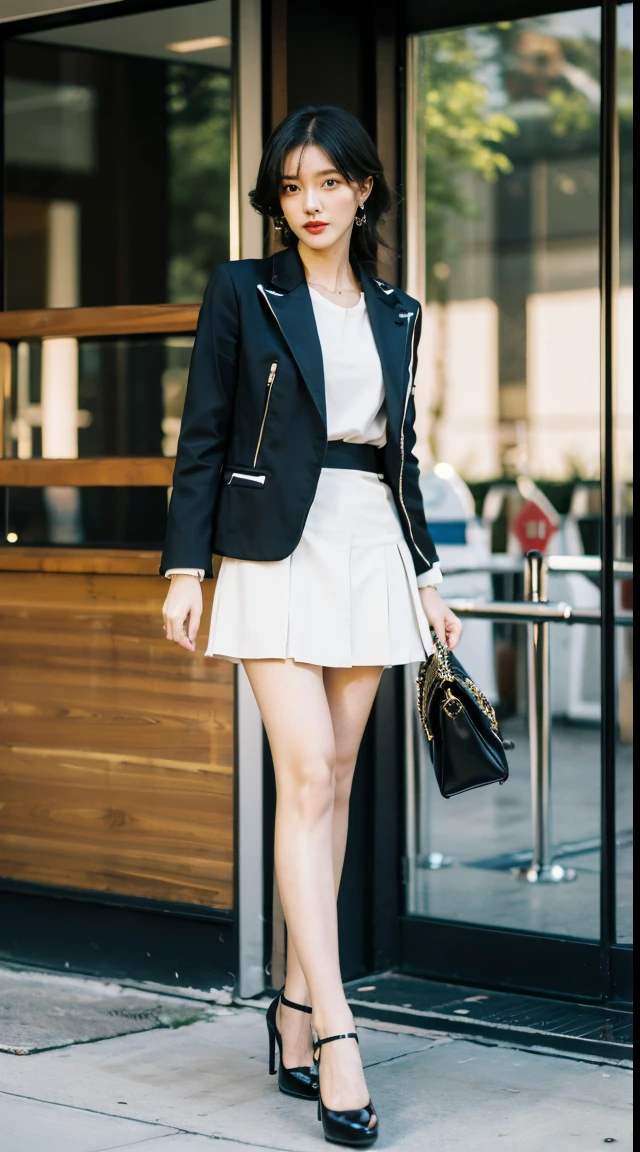 Best quality,tmasterpiece,超高分辨率,(realness:1.4),RAW photos,hyper HD，8K，There is one girl，Stylish clothes,Chanel style，Stylish skinny suit, wearing jacket and skirt,high-class fashion，ellegance, White and black clothes, short skirt and a long jacket, black pantyhoses，best selling, high-heels，Casual pose