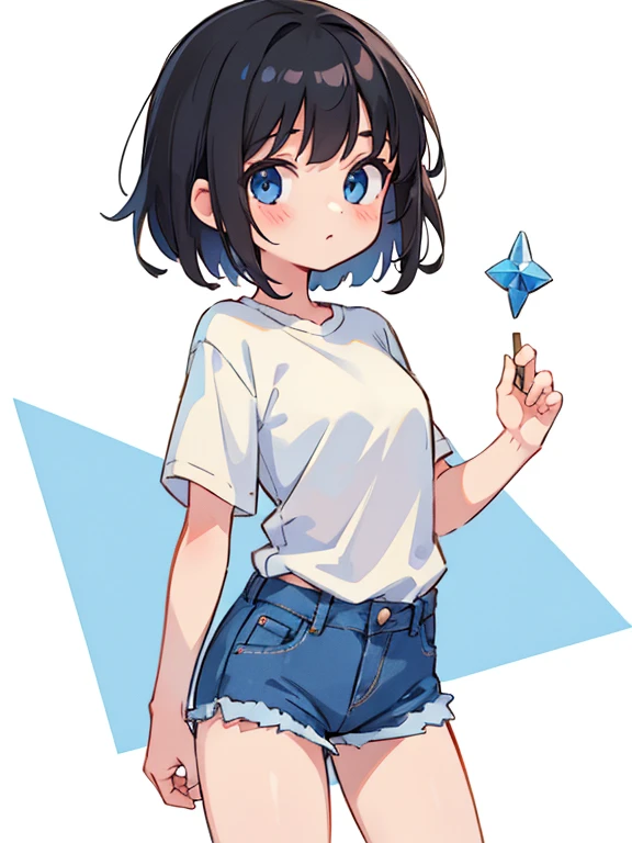1girl, short black hair, blue eyes, wearing plain white shirt, denim shorts, white background, absurdres, high res, ultrasharp, masterpiece, looking at viewer