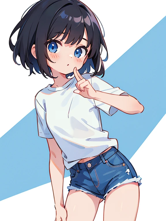 1girl, short black hair, blue eyes, wearing plain white shirt, denim shorts, white background, absurdres, high res, ultrasharp, masterpiece, looking at viewer