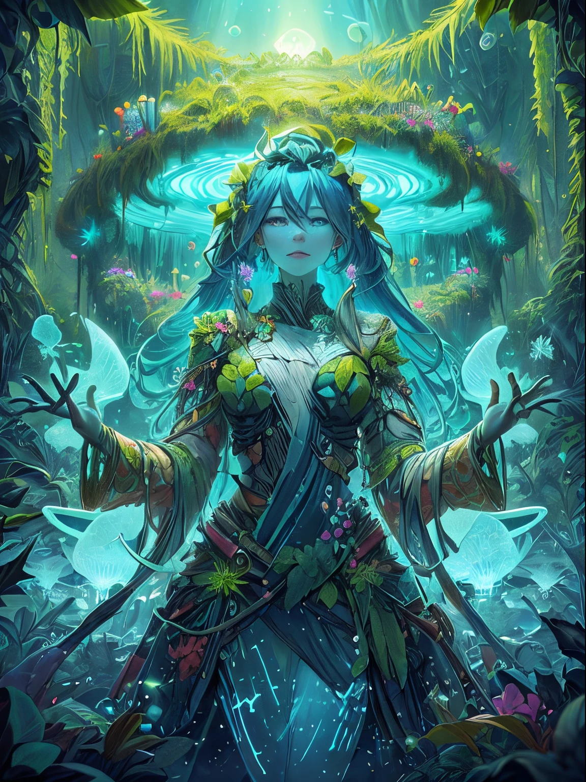 masterpiece, BiophyllTech, bioluminescent ,fully-organic, utopia, scholar , scroll, 1 woman, long hair, blue skin,