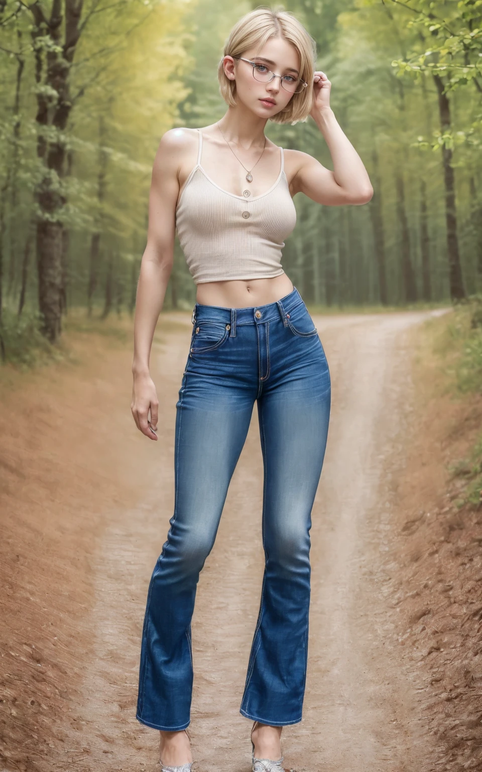(8K, Masterpiece, RAW photo, ultra HD quality, detail:1.5), (scenary, natural background:1.4), Depth of field, Cinematic light, (ultra realistic face:1.5), ( 1 picture of 1 girl Ekaterina Ackerman:1.7), (solo girl:1.5), (Beautiful and elegant Russian girl), (skinny girl with glasses), (European face:1.3), (natural abs), (complete perfect full body:1.5), (full body including shoes:1.5), (tight minitop:1.5), ([red|gray] miniTop:1.4), (small necklace, collarbone:1.1), ([short hair]:1.5), (ultrarealistic detailed skin:1.5), (soft mate fabric:1.3), ([frontal pose|side profile pose|back profile pose]:1.5), (face looking at viewer:1.5), (perfect hands:1.5), (perfect feet:1.5), (perfect anatomy:1.6), (perfect body:1.6), (ultra perfect beautiful face:1.5), (blonde hair:1.4), ([Pixie|Bob|Bangs|Braids|Pigtails] hair:1.5), (perfect standing pose:1.5), (Tapered Jeans :1.7)