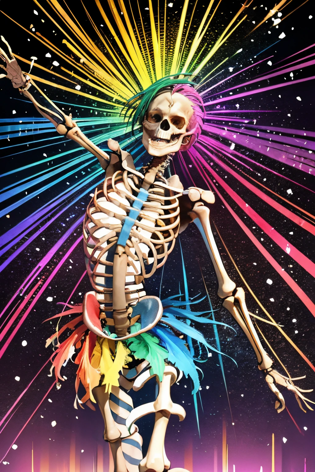 (a colorful, vibrant, rainbow-themed art piece),skeleton,bones, just a skeleton, gay pride,celebration,joyful waving hands,visible rib cage,eye-catching colors,striking visual impact,expressive body language,detailed skeletal structure,confident pose,happy expression,happiness,pride,loud and proud affirmation,positive energy,radiating positivity,resilience,unapologetic,self-expression,acceptance,inclusion,marching with pride,embrace diversity,inclusivity,empowerment,bold statement,dancing to its own tune,adorned with rainbow colors,embodying the LGBTQ+ community spirit,party atmosphere,bursting with life and personality,enchanting background,sparkling stars,stunning fireworks,exquisite lighting effects,glowing neon lights,energetic movement,vivid brushstrokes,brush work,fluid lines,depth and texture,artistic interpretation,professional artistic execution,high-quality,visually captivating,image resolution: 8k,impressive artwork,unique style.