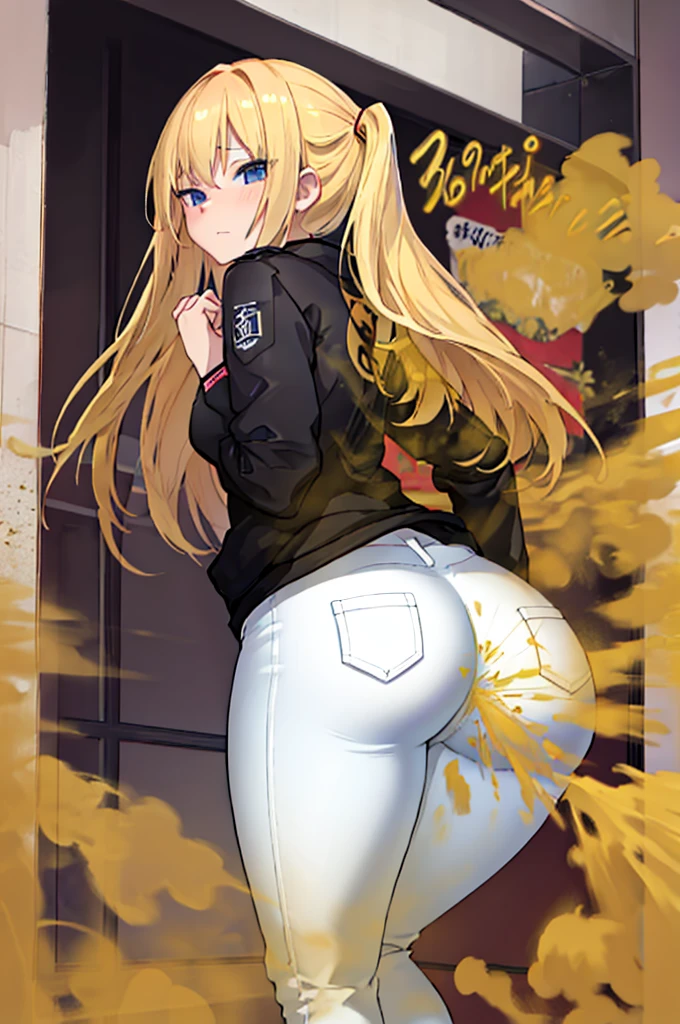 tmasterpiece,high high quality,age girl,girl,skinny pants,Very shy,fart,fart a lot,Unpleasant odor,Flapping your left hand next to your nose,The right hand flaps next to the buttocks
