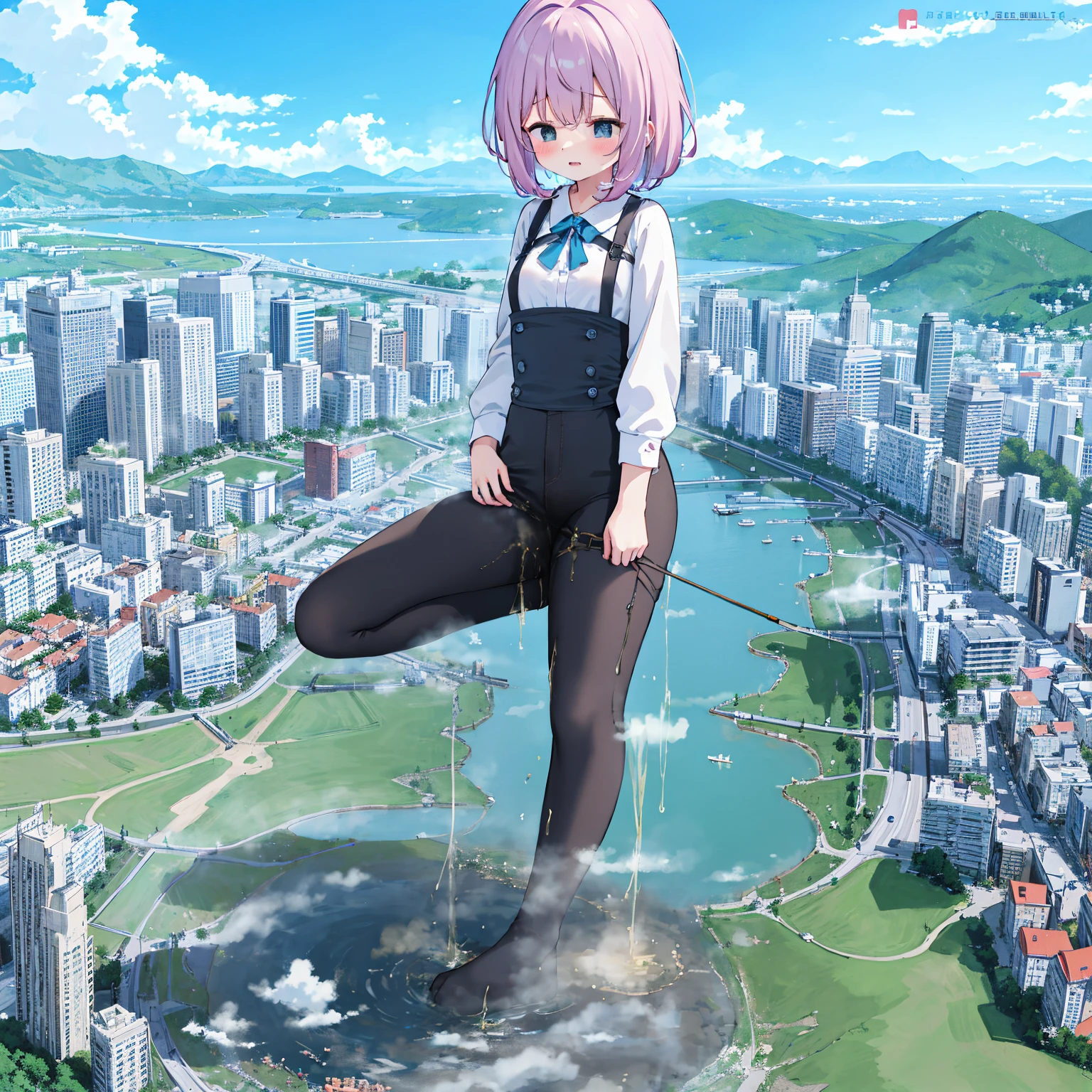 NSFW,A girl pees while standing on the city,{A giantess},{1个Giant Breast Girl},{are standing},{urine discharge},cloud, looking over city, mountain ranges, tmasterpiece, Best quality, The content is very detailed,tmasterpiece,Best quality,offcial art,extremely detaild的 CG unified 8k wallpapers,{{{A giantess}}},Huge girl,1 girl,modern miniature city,pissing,Pee everywhere,No shoes,{blackstockings},The stands up,face flushed,comfortable expressions,pissing,Urine draws an arc,urine,Nourishes urine,Urine eruption,Urine gives off steam,{Pee while standing on a modern miniature city},The city is full of urine