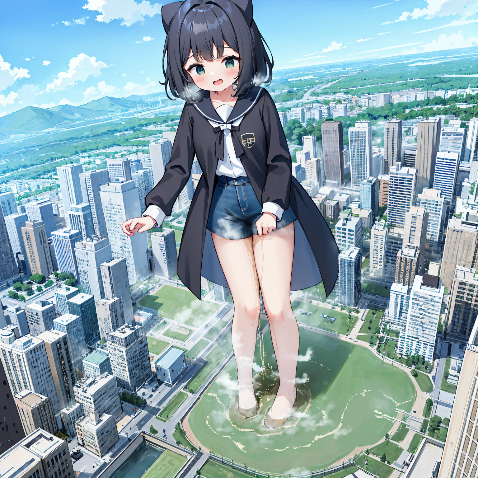 NSFW，A girl pees while standing on the city，​​{A giantess}，{1个Giant Breast Girl}，{are standing}，{urine discharge}​​，cloud， looking over city， mountain ranges， tmasterpiece, Best quality, The content is very detailed,tmasterpiece,Best quality,offcial art,extremely detaild的 CG unified 8k wallpapers，{{{A giantess}}}，Huge girl，1 girl，modern miniature city，pissing，Pee everywhere，No shoes，{blackstockings}，The stands up，face flushed，comfortable expressions，pissing，Urine draws an arc，urine，Nourishes urine，Urine eruption，Urine gives off steam，{Pee while standing on a modern miniature city}，The city is full of urine