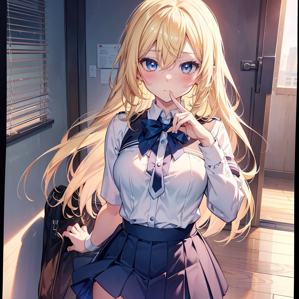 Anime, anime girl, blonde hair, blue eyes, breasts, school dress, skirt, looking at the viewer, (super detailed), (4k), (illustration), hot, good figure, (detailed fingers), (semi realistic), blushing, seductive, attractive, (detailed eyes), small skirt, one girl