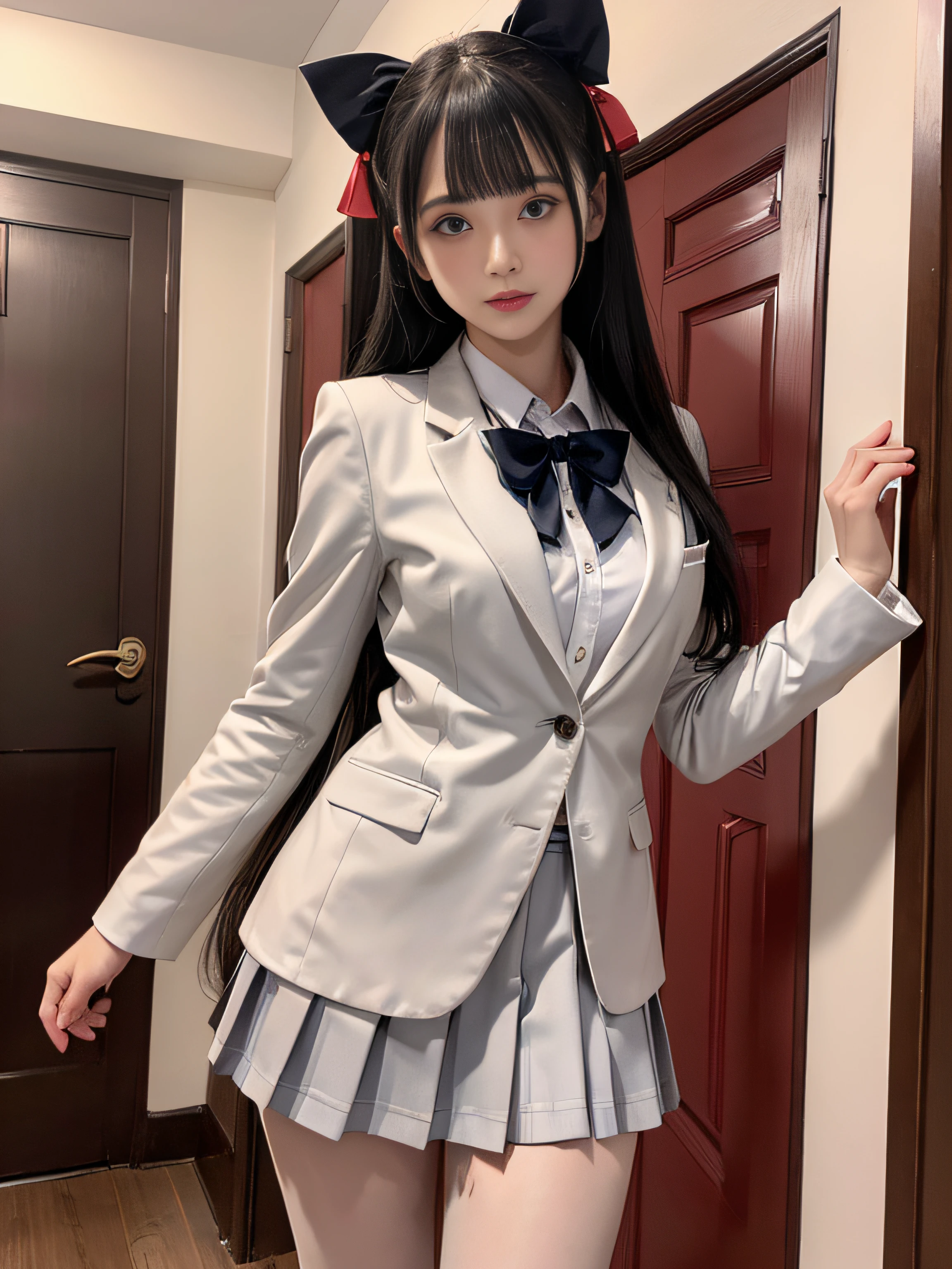 Arya, 1girl in, Solo, Long hair, Blue eyes, Ahoge, Bow, Looking at Viewer, Red bow, Jacket, bowtie, Long sleeves, breasts, Shirt, Open jacket, red bowtie, door, Cowboy Shot, Collared shirt, Indoors, School uniform, White hair, Standing, Open your clothes, Skirt, Bangs, Dress, Grey jacket, Black Dress, blush, Pleated skirt, Parted lips, medium breasts, pleated dress, White shirt, hair between eye, White jacket, Hand up, Blazer, Black skirt, thighs thighs thighs thighs, Open door, hallway