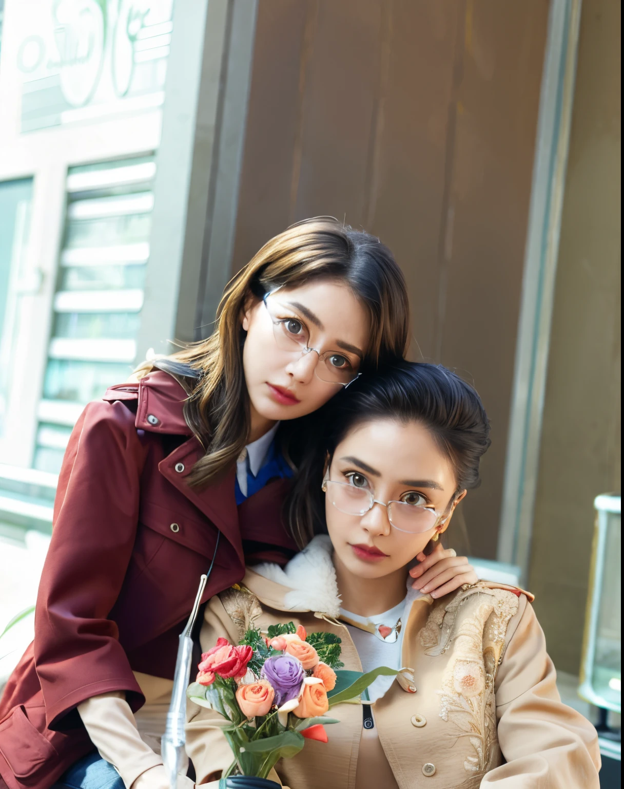 remove glasses, change flower, change red coat to beige coat