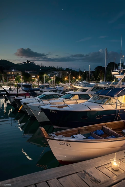 A boat yard at evening with a dark blue sea. The atmosphere is filled with the warm glow of candles. The scene takes place in Italy. The boats are beautifully lined up, reflecting their vibrant colors on the calm waters. The evening sky is painted with hues of orange and purple, creating a breathtaking backdrop. The boat yard is bustling with activity as people are busy with their tasks. The air is filled with the salty breeze coming from the sea. The flickering candles add a touch of romance and tranquility to the scene. The lights from the nearby buildings and boats cast enchanting reflections on the water's surface. The boat yard is illuminated by soft, warm lights, creating a cozy and inviting ambiance. The sound of gently crashing waves can be heard in the distance. The boats are adorned with Italian flags, proudly displaying their heritage. The mix of traditional fishing boats and luxurious yachts adds variety to the scene. The boat yard is surrounded by lush greenery, adding a touch of nature to the industrial setting. The scene is captured in high resolution, showcasing every minute detail of the boats, water, and surroundings. The image has a photorealistic quality, making it feel like a masterpiece of art. The overall composition of the image is balanced and visually appealing, drawing the viewer's attention to the boat yard and the beauty of the evening.