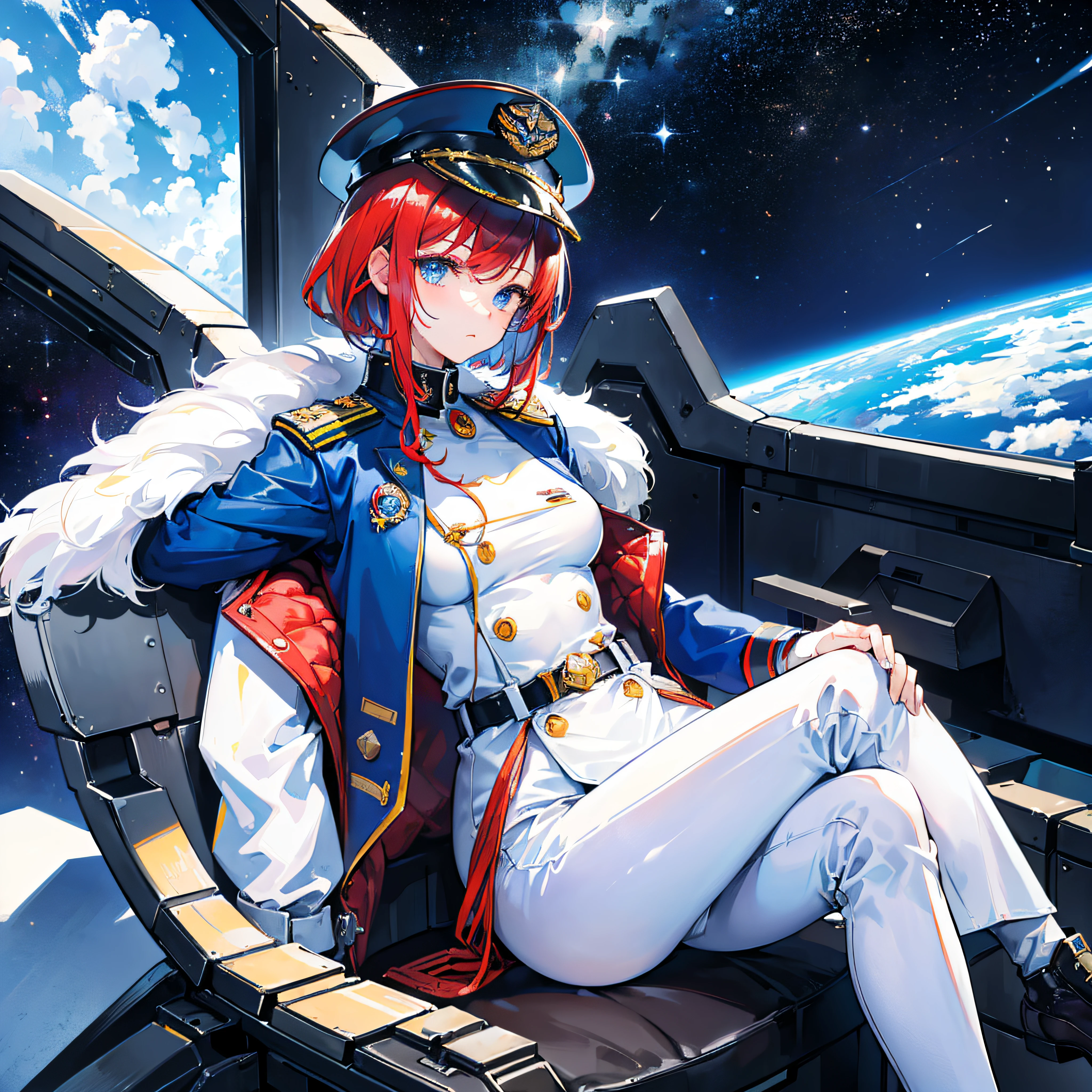 ((Masterpiece)), ((Highest Image Quality)), ((Best Quality)), (Illustration of One Girl), Full Body, 25 Years Old, Short Red Hair, (Thin Hair on Both Sides of Face), Blue Eyes, (((Tall)), ((Muscular Strong Body)), ((Manspreading)), Open Legs, (((Military Uniform)), (Military Hat)), (Military Coat)), (White Clothes), (White Pants), (White Hat), Trench Coat, ((Inside the spaceship, sitting in the captain's seat)), (outside the window, space, Earth seen from space, spaceport)