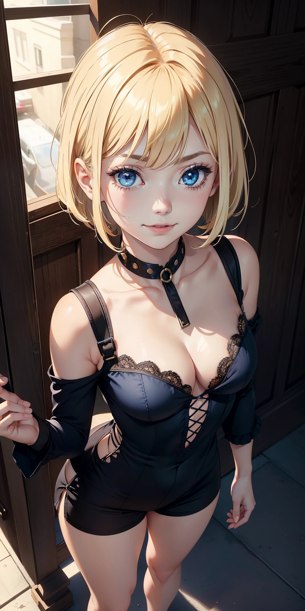 1girl, bangs, tight shoulders, loli body, girl, blonde hair, short hair, blue eyes, detailed eyes, breasts, cleavage, darling cleavage, closed mouth, small breasts, Looking at viewer, smile, tense, in foot, micro shorts, front viewer showing breasts, Ultra HD, 4k image, sensual dress