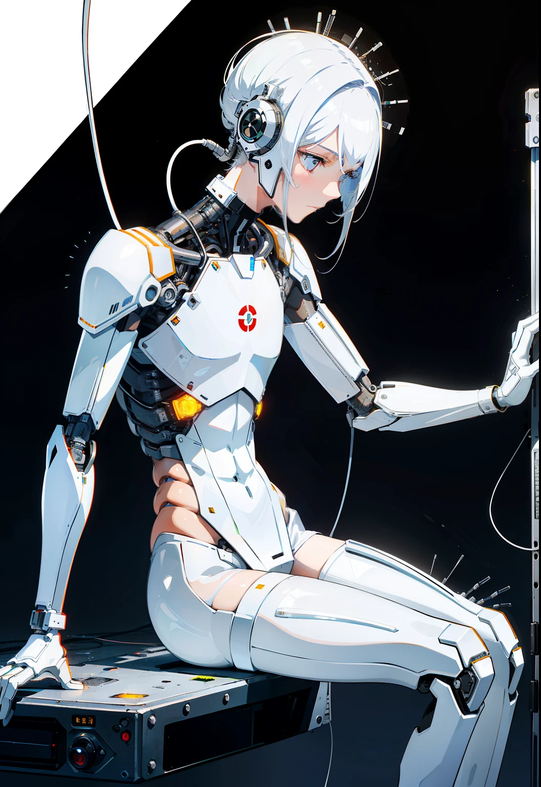 Young person, glossy white armor, Streamlined white armor, Smooth white armor, clear outfit design, Streamlined white armor, detailed white armor, Sleek bright white armor, ,1 adult,male people,Young person,Masculinity,mtu,(male people),The right leg is a mechanical prosthesis,droid,white colored eyelashes,White eyes,white color hair,cable wires,electrical wires,Tong,Bondage belt,(Transparent surface and epidermis:1.5),(There are many mechanical gears and electronic components inside the fuselage:1.4),(Mechanical vertebrae and ribs:1.3),Alone,(wires and cables attached to head and body:1.4),(Surgery around robotic arms:1.2),(circuit boards:1.4),scientific fiction,Mechanical heart,red love on chest