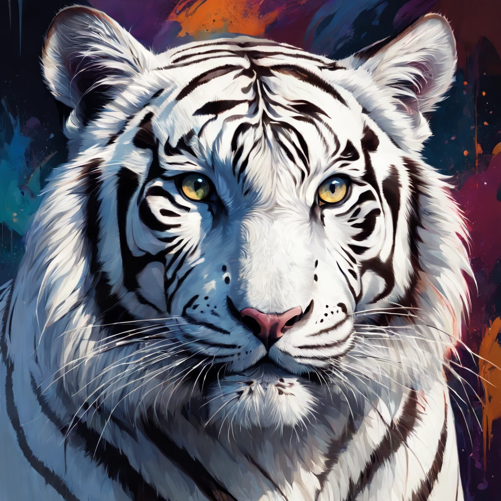 Best quality at best,ultra - detailed,actual,vivd colour,White Tiger,sportrait,illustratio,Focus sharp,Vibrant background,Delicate fur,Expressive eyes,Intense expression,Striking pose,majestic feeling,Stylized rendering,Beautiful contrast,Thick lines,Rich textures,a hint of fantasy,Unique character design,Colorful palette,dynamic compositions,dramatic lights,animal attributes,Emotional intensity,Lively brushstrokes,Strong sense of presence,noble existence,Powerful aura,Wonderful details,lifelike features,Surreal elements,a captivating gaze,condescending,Hypnotic eyes,Enigmatic Atmosphere,Vibrant brushstrokes,perfect anatomia,symbolic representation,heroic figure,Impressive figure,vivid imagination,awe-inspiring,Unforgettable artwork.