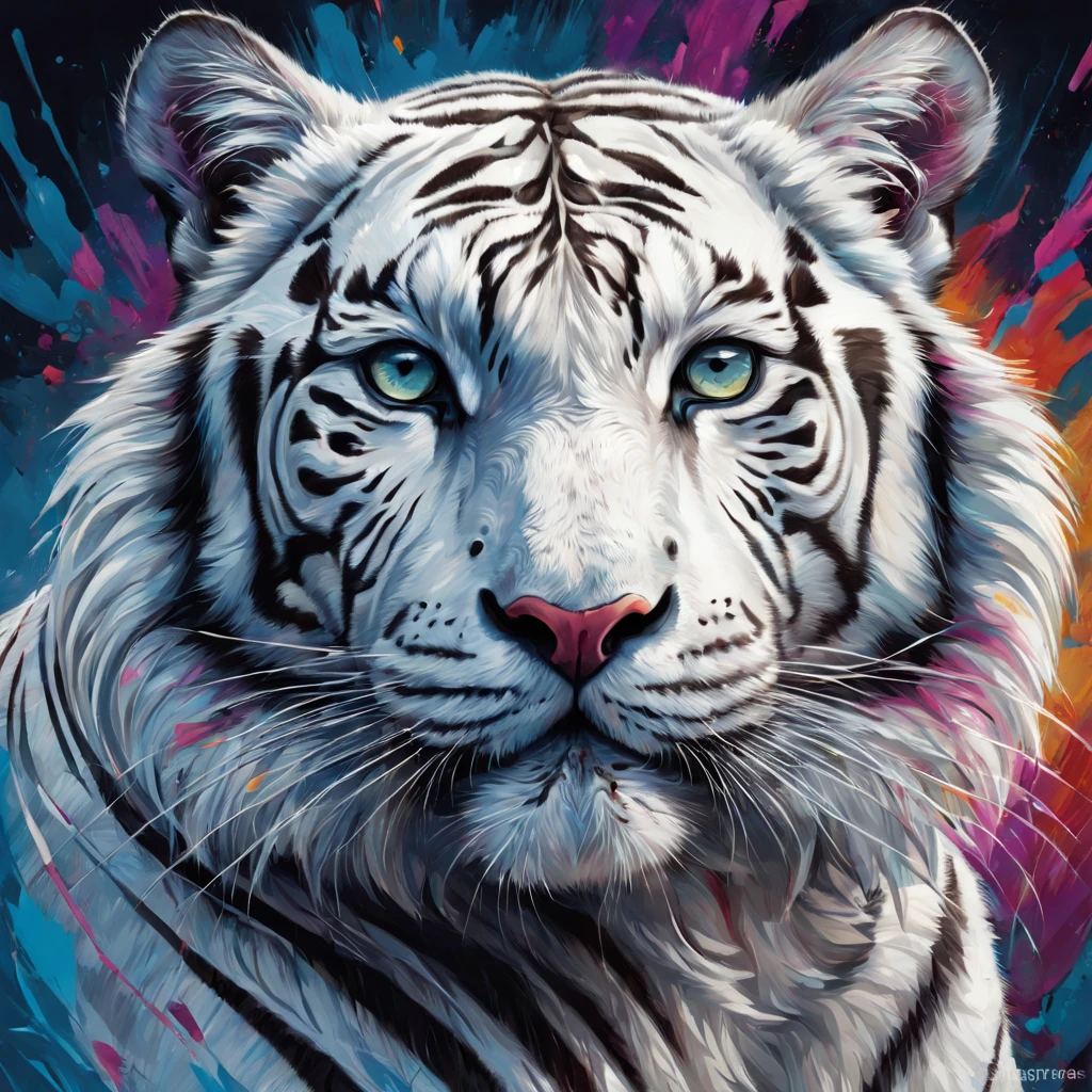 Best quality at best,ultra - detailed,actual,vivd colour,White Tiger,sportrait,illustratio,Focus sharp,Vibrant background,Delicate fur,Expressive eyes,Intense expression,Striking pose,majestic feeling,Stylized rendering,Beautiful contrast,Thick lines,Rich textures,a hint of fantasy,Unique character design,Colorful palette,dynamic compositions,dramatic lights,animal attributes,Emotional intensity,Lively brushstrokes,Strong sense of presence,noble existence,Powerful aura,Wonderful details,lifelike features,Surreal elements,a captivating gaze,condescending,Hypnotic eyes,Enigmatic Atmosphere,Vibrant brushstrokes,perfect anatomia,symbolic representation,heroic figure,Impressive figure,vivid imagination,awe-inspiring,Unforgettable artwork.