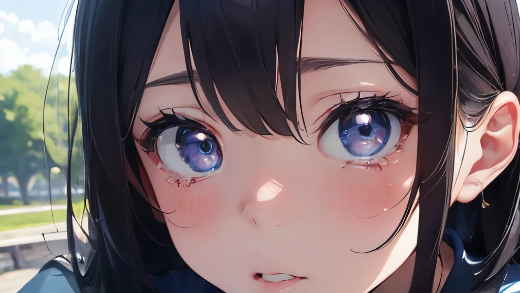 is crying、Have a dark face(best quality,highres,ultra-detailed,realistic:1.2), detailed eyes and face, beautiful detailed lips, extremely detailed eyes and face, long eyelashes, high school girl, sitting on a bench in the park, clear blue sky, sailor uniform, simple yet cute, long black hair, illustration in the style of anime from a romance manga,