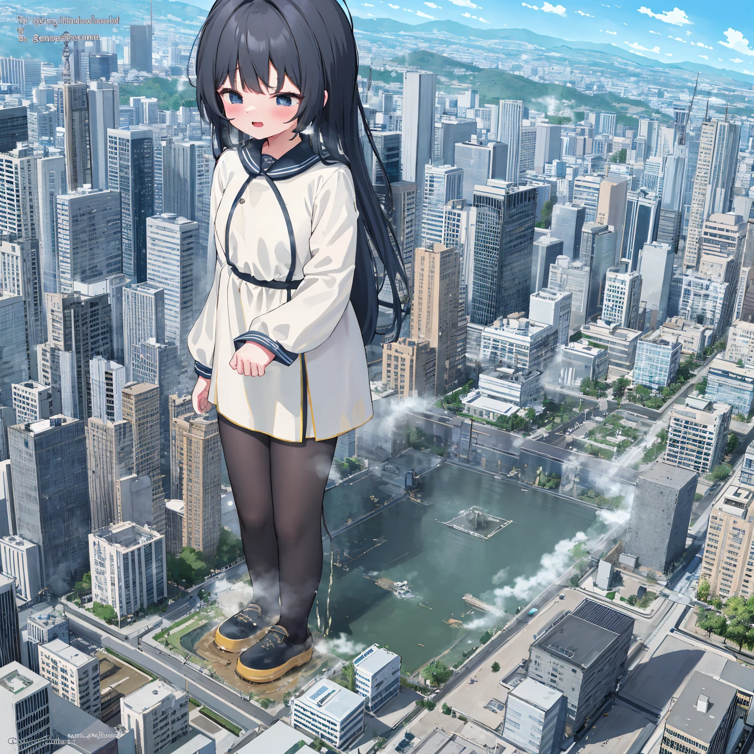 NSFW，​​{A giantess}，{1个Giant Breast Girl}，{are standing}，{Urine discharge}​​，​​clouds， looking over city， mountain ranges， tmasterpiece, Best quality at best, The content is very detailed,tmasterpiece,Best quality at best,offcial art,extremely detaild的 CG unified 8k wallpapers，{{{A giantess}}}，Huge girl，1 girl，modern miniature city，pissing，no shoe，{blackstockings}，standing on your feet，face flushed，comfortable expressions，pissing，Urine draws an arc，urine，Nourishes urine，Urine eruption，Urine gives off steam，{Pee while standing on a modern miniature city}，The city is full of urine