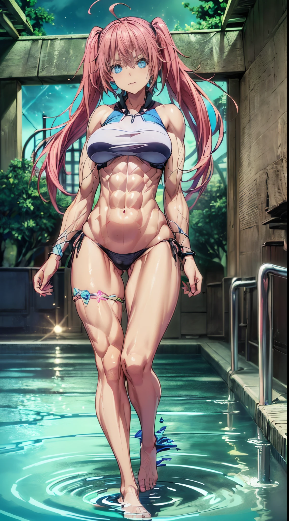 1 girl, (medium breasts))), (((wearing a very short bikini, (long pink hair), (((blue eyes))), thin arms, (in the pool), (thin waist), ((( muscular legs))), muscular belly, bare feet, (((showing her big ass to me))), (full body photo), (twintails), Long Eyes, eye reflex, bad mood, anime, anime style, ray tracing, flare, drop shadow, panorama, Sony FE, 8k, UDisk, master piece, accurate, anatomically correct, Super Detail, best quality, ultra high resolution, Hard Udisk, 16k