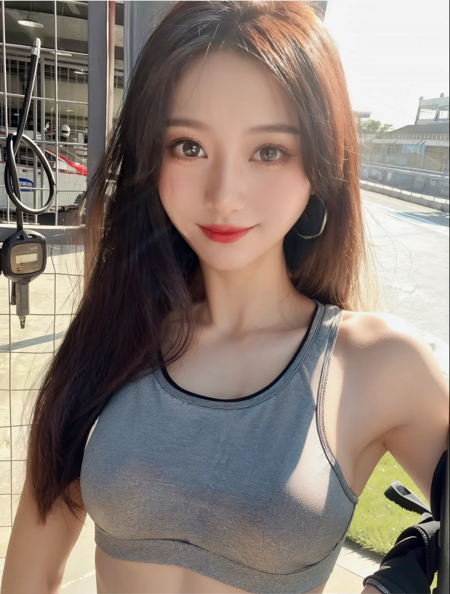 Close-up of a woman wearing a sports bra top posing for a photo, black undersuit,High permeability,See the chest