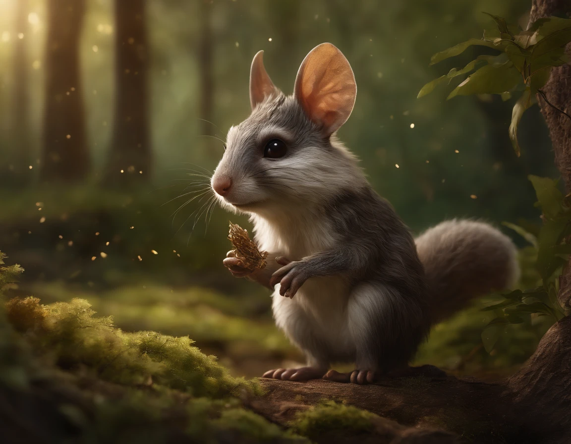 真实感, Realism, Close up of cute tiny fireflies around a huge oak tree, Morning lighting, dew, illuminate the bush, a detailed painting, cgsociety, Detailed painting, artstation hd, high detail, cgsociety, photo realism, Concept art, artstation hd, official arts, bokeh ,gremlin, mole-like, wearing a T-shirt with a backpack, bright silver and brown, long tail, large ears, covered with silver fur, water, stands on the shore, Best Quality, Masterpiece, in style of dark fantasy art, gremlin, mole-like, holding a huge acorn in his paws, bright silver and brown, long tail, elongated nose,,, huge ears, covered with silver fur,tousled, five toes on each paw, holding a huge acorn in his paws, I'm standing in a forest clearing under the foliage of bast., acorns lie in the clearing, acorns glow, Crickets fly, Best Quality, Masterpiece, in style of dark fantasy art, fantasy-inspired, in the style of John Tolkien, (CBZBB:1.25), ((gremlin),Zhkute, Small, baby, Beautiful, Fantasy art, deviant art, trending artstation, Digital Art, Detailed, Realistic, humanoid, character, tiny, Cinematic shot, cinematic portrait of a mole, naturalist, huge oak roots, entrance to the pit, Fireflies,