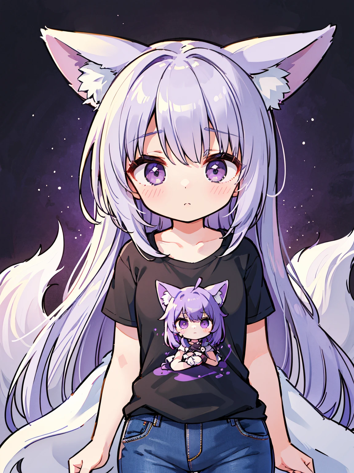 ((masterpiece:1.2, best quality)), highres, solo, long_hair, ((silver_hair:1.3)), ((purple hair highlights:1.3)), bow, hair_bow, ((loli:1.3)), ((small breasts)), ((flat chest)), bangs, purple eyes, animal ears, kitsune, fox ears, fox girl, black fox tails, multiple tails, blush, very_long_hair, 1girl, looking_at_viewer, upper_body, closed_mouth, jeans, t-shirt