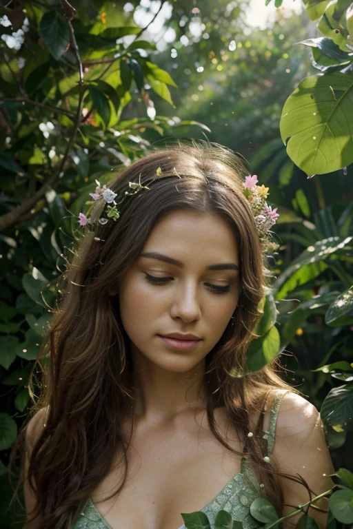 (best quality,4k,8k,highres,masterpiece:1.2),ultra-detailed,realistic,plant girl,nature-inspired,fantasy,ethereal beauty,garden environment,lush green foliage,varied plants,vibrant flowers,golden sunlight,serene atmosphere,magical presence,mystical aura,feminine charm,delicate features,flowing hair,sparkling eyes,soft smile,lush botanical textures,water droplets on leaves,subtle wind movement,harmony with nature,peaceful surroundings,colorful butterflies and birds flying around,whispers of the wind,gentle sounds of nature,sublime aesthetics,immersive experience,happiness and tranquility