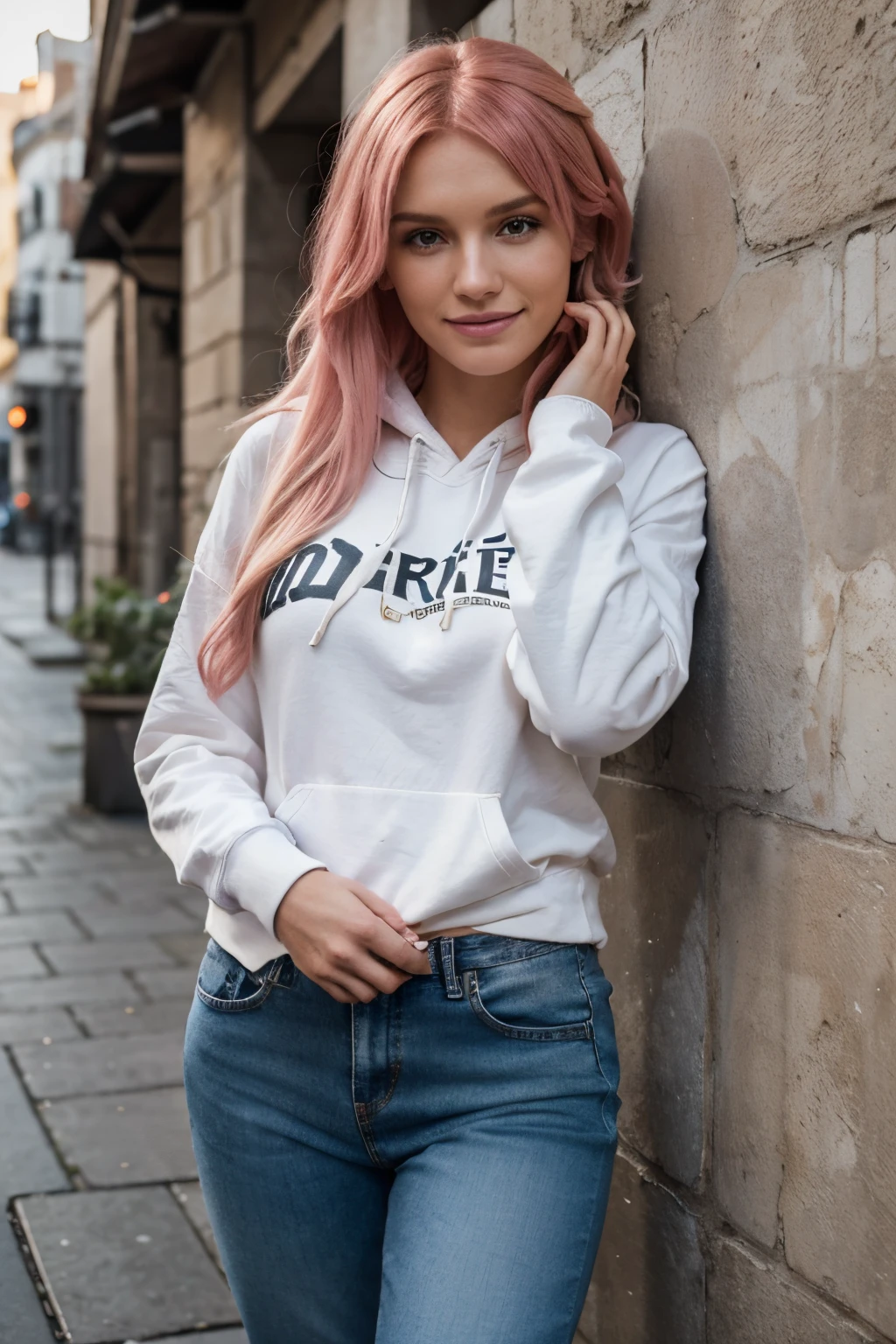 Hyperrealistic and detailed full body photo of a Bella Thorne, longer pink hair, smiling beautiful women, oben ohne, flare jeans, off white hoodie. oben ohne, leaning on a wall. Perfekte Augen, (Augen-Make-up:1.1), (Hochdetaillierter Skin:1.1), ..........RAW, analoger Stil, scharfer Fokus, 8K UHD, DSLR, High quality, Fujifilm XT3, Korn, awards winning, Meisterwerk.