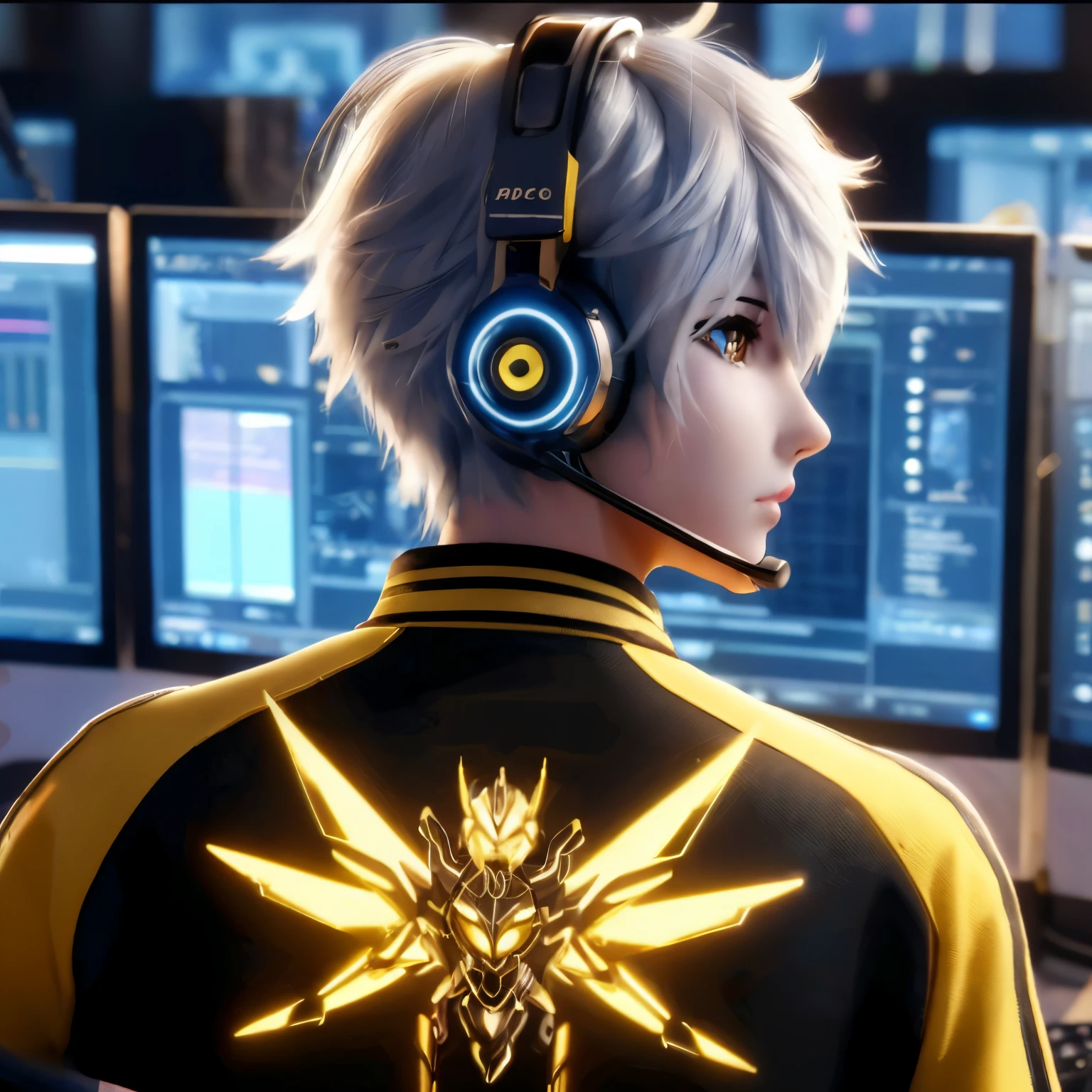 anime character with headphones and a microphone in front of a computer, cyberpunk bee, best anime 4k konachan wallpaper, anime mecha aesthetic, cyber suit, game cg, intricate ornate anime cgi style, epic 8 k hd anime shot, cyber style, hyper ultra detailed, trigger anime artstyle, cyber universe style, e-sport style, blade and soul