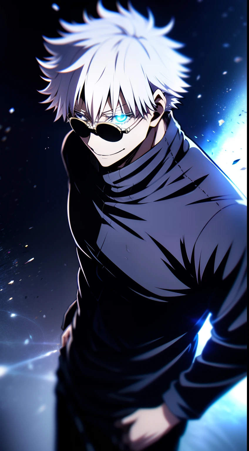 ((high detail、Cinematic lighting))、Disheveled gray hair、hands in pocket, Aquamarine Eyes、white eyelashes、Ray Tracing、shading、optical illusion、Upper torso、looking at the camera、Masterpiece、((super detaill、Best Quality、8K))、jujutsu kaisen、1 guy, loneliness,  Gojo Satoru、black clothing、Get Started、Perfect Black Background、serene look、Formidable Presence、Mysterious atmosphere、Intense Blue Aura、 Rich red glow、Symbolizes power around oneself、radiating magical energy、Mystical Artifacts、Ether-like granules、Dynamic poses、(Detailed arm)