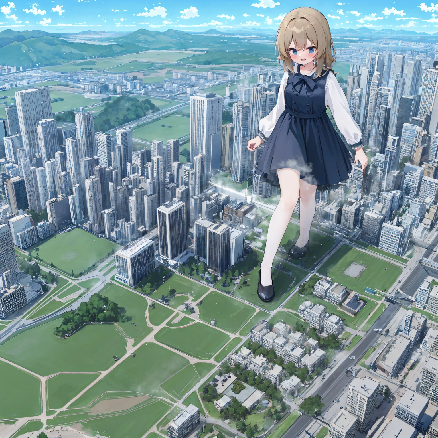 NSFW，​​{A giantess}，{1个Giant Breast Girl}，{are standing}，{Urine discharge}​​，​​clouds， looking over city， mountain ranges， tmasterpiece, Best quality at best, The content is very detailed,tmasterpiece,Best quality at best,offcial art,extremely detaild的 CG unified 8k wallpapers，{{{A giantess}}}，Huge girl，1 girl，modern miniature city，pissing，no shoe，{blackstockings}，standing on your feet，face flushed，comfortable expressions，pissing，Urine draws an arc，urine，Nourishes urine，Urine eruption，Urine gives off steam，{Pee while standing on a modern miniature city}，The city is full of urine