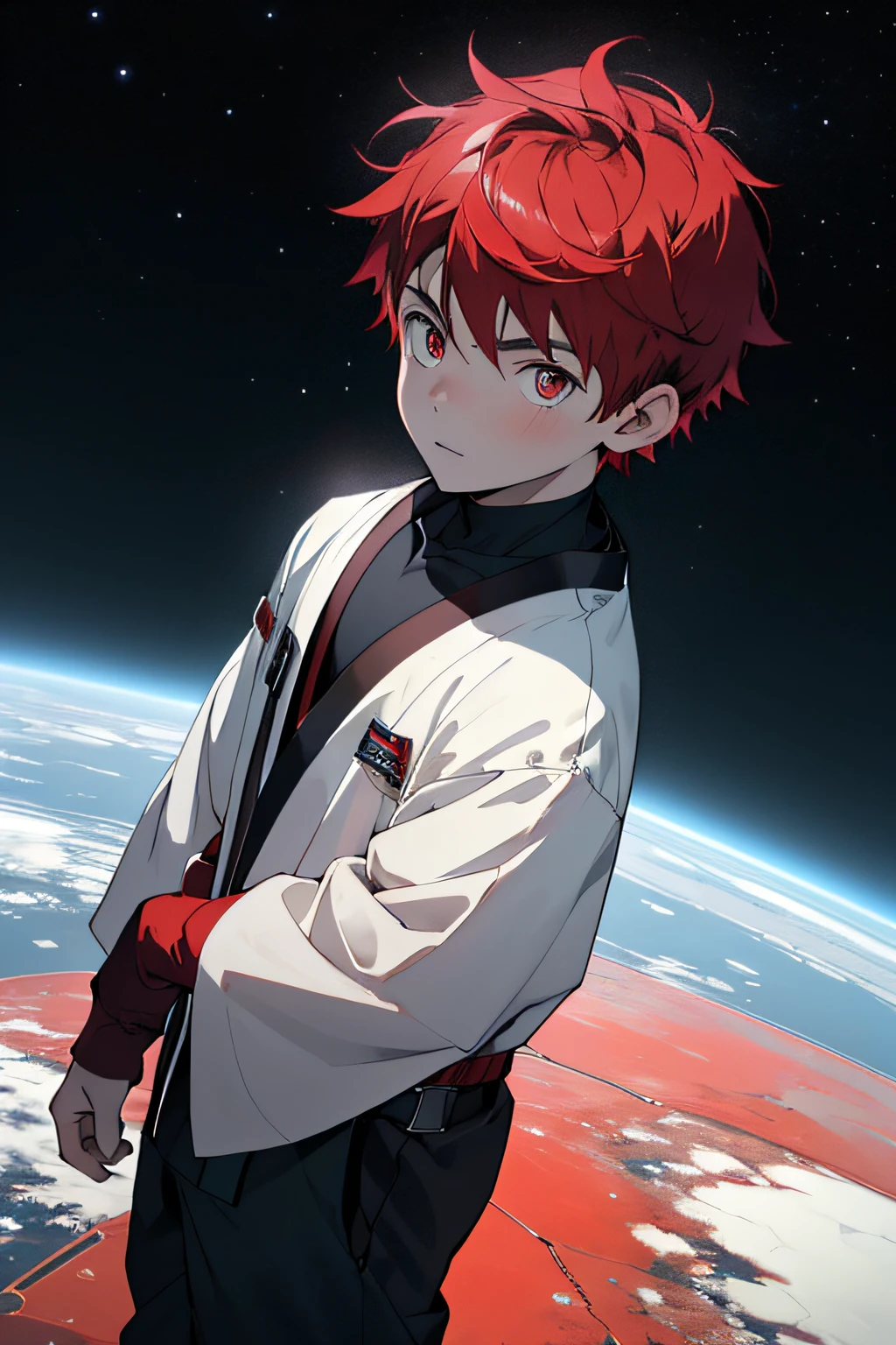 Obra maestra, ojos escarlatas de la mejor calidad, Juego CG, 1 child, ((7-year-old boy))solo, Enfoque masculino, Mirando al espectador, Parte superior del cuerpo, chico guapo, (cabrito), Pale skin ((Pale skin)) pelo corto, Pelo rojo, ojos escarlata, mirada inocente, pura y solitaria, ojos ligeramente tristes, cute ???, ((cabrito)) camisa verde con mangas sueltas, pantsolos marrones oscuros, ropa remendada y ligeramente sucia, thin muscles, ligeramente tonificado, Noche, estrellas luna, Nebulosas, Ciudad espacial, JEDI ROBE, Ciudad espacial