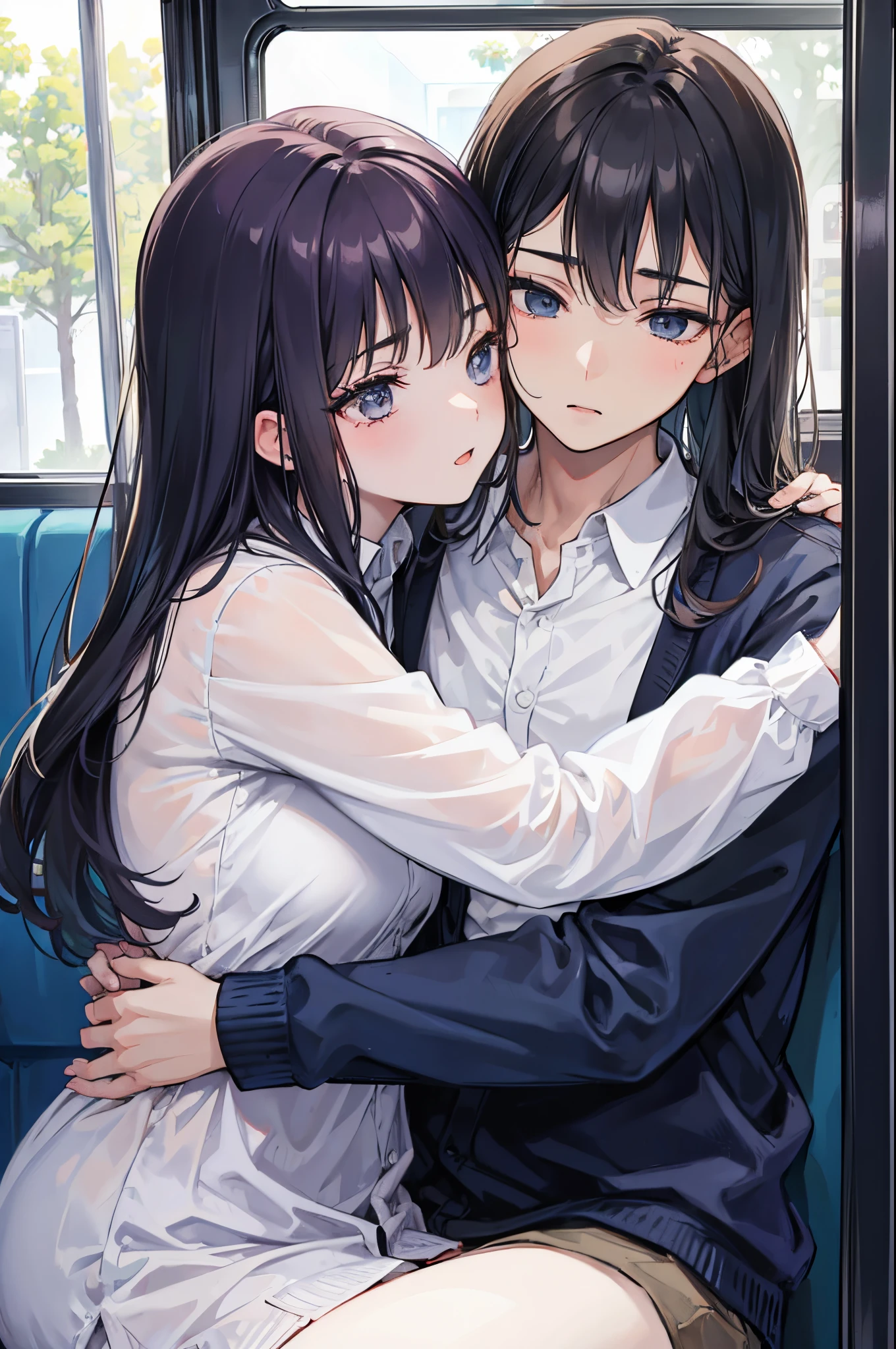 (young boy and adult woman).in the bus. holding and hugging and kissing.erotic.sexy