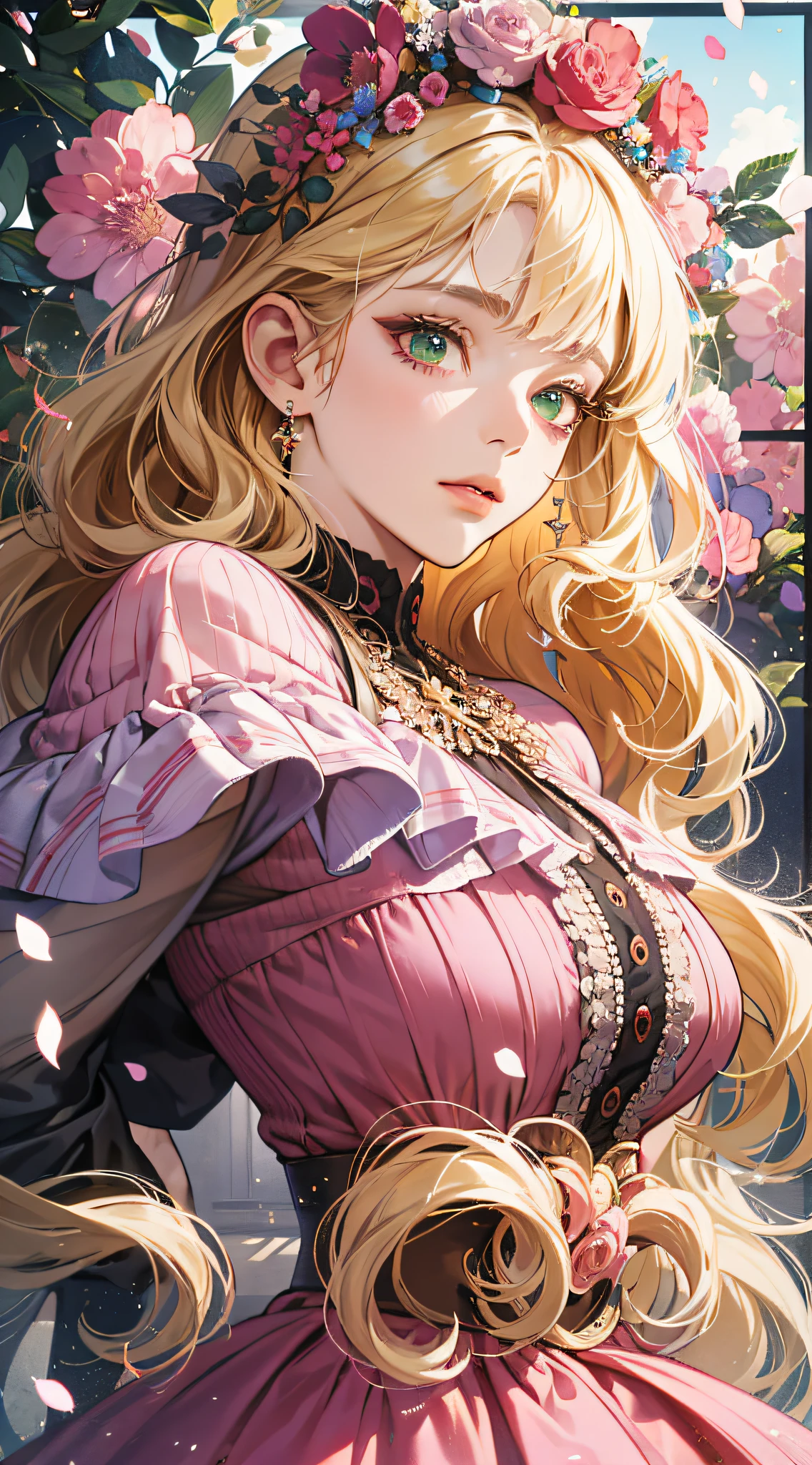 (absurdres, highres, ultra detailed), 1girl, mature female, wavy blonde hair, long hair, blunt bangs, green eyes, pink dress, finely detailed eyes and detailed face, extremely detailed CG unity 8k wallpaper, intricate details, BREAK , kaleidoscopic imagery, symmetrical patterns, vibrant colors, geometric shapes, mesmerizing designs, optical illusions, dynamic composition BREAK , pantomime art, expressive body language, silent storytelling, evocative gestures, visual narratives, theatrical performances BREAK , blooming flowers, colorful petals, fragrant scents, nature's bounty, vibrant gardens, peaceful scenery